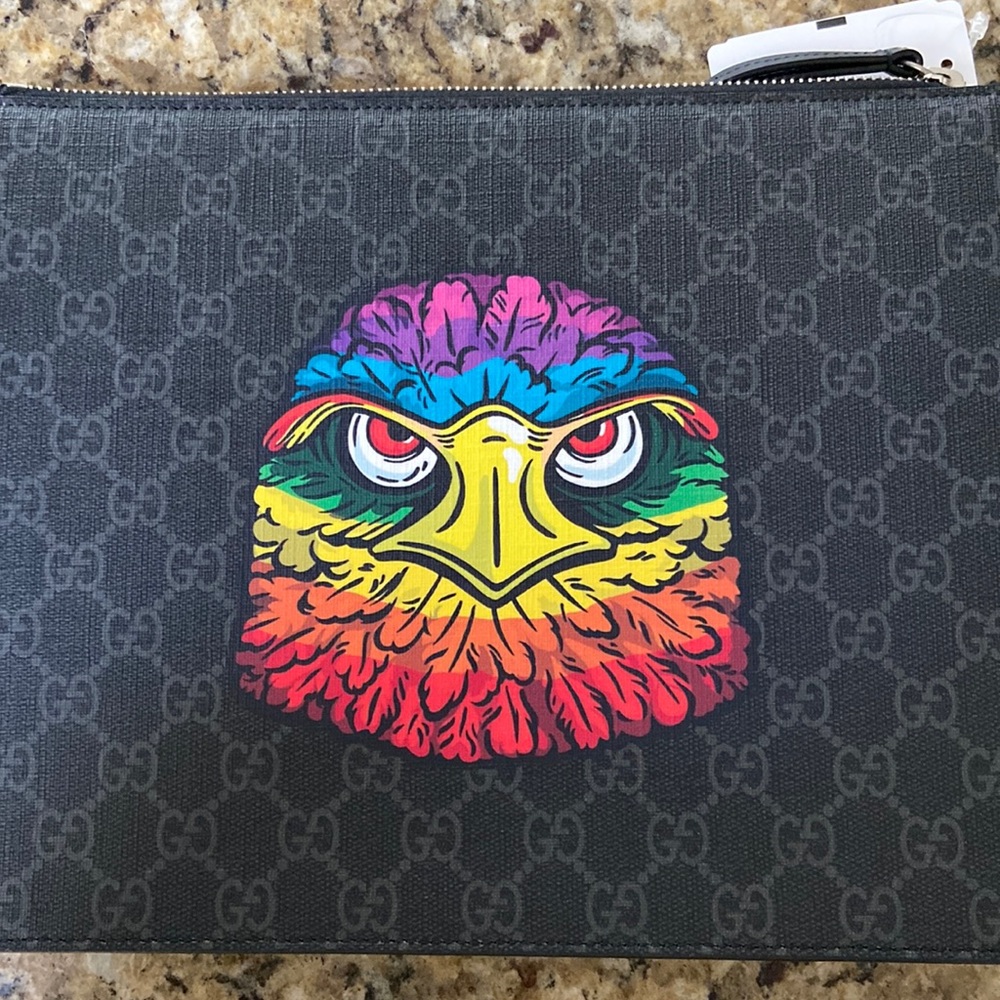 GUCCI Marmont Eagle Pouch dark grey supreme canvas clutch